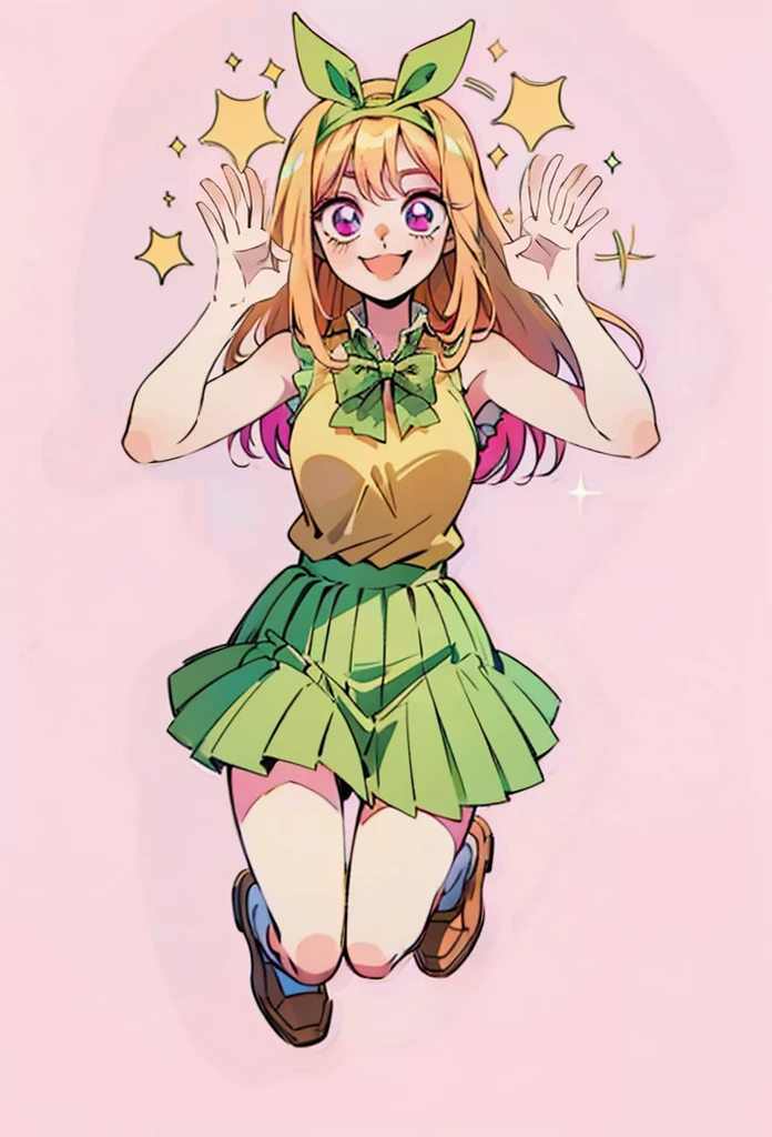 Marin kitagawa, long hair, marin drssed up as Yotsuba Nakano, long blonde hair with pink ends, sparkling pink eyes, sweet face, cheery, playful happy face, lovely, 4k, perfect quality, excellent fusion, excellent character design, green ribbon, sleeveless yellow sweater, collared white short sleeved shirt, green bow tie, green pleated skirt, bright colors, pastel coloured image, vivid colours, light colours, simple background, magic hill background, splendid nature, natural light, daylight, full body, full shot, dinamic pose, extremely detailed, clean lineart, neat, smile