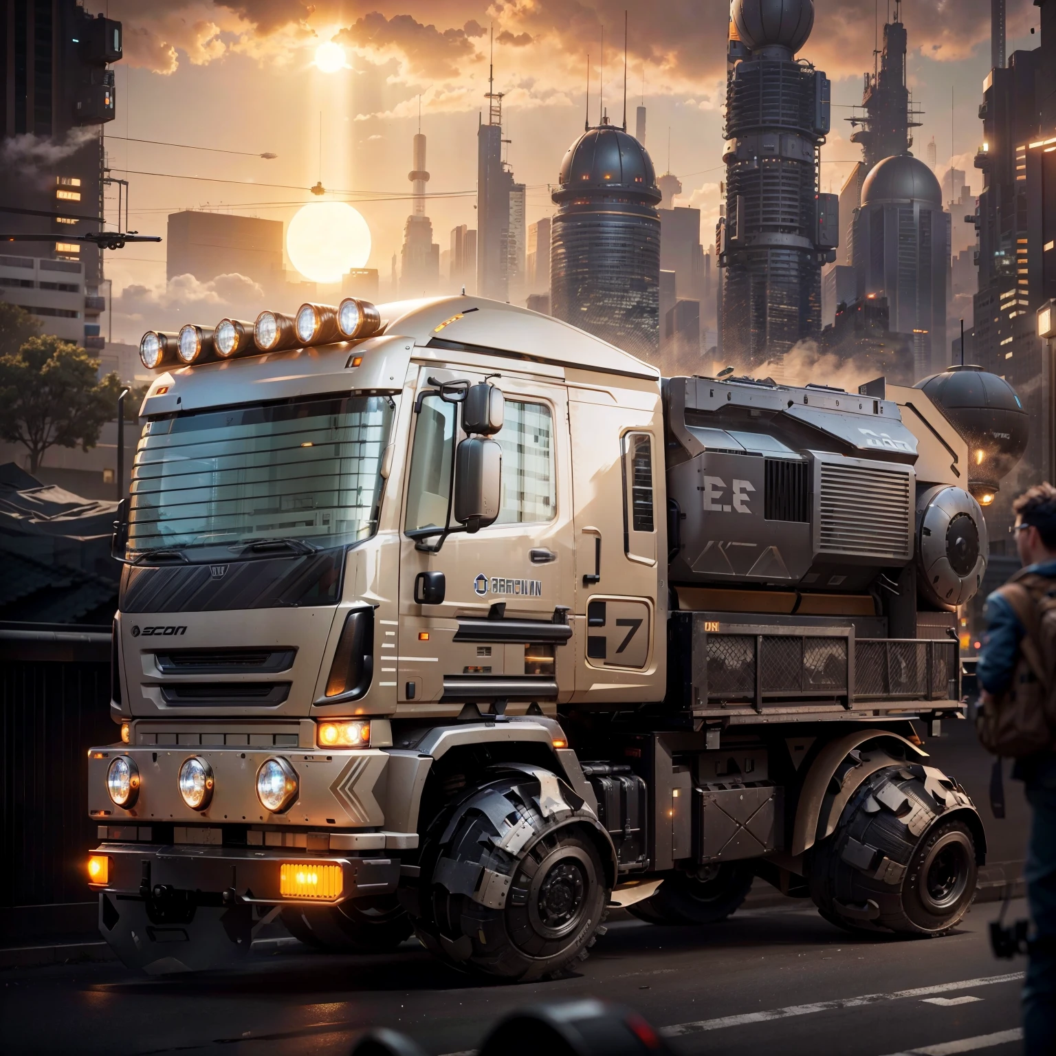 A brilliant Black sci fi hover truck flying over the sci fi streets, in the background is a sci fi city with a lot of buildings lights on and a giant sun shining in the trucks body