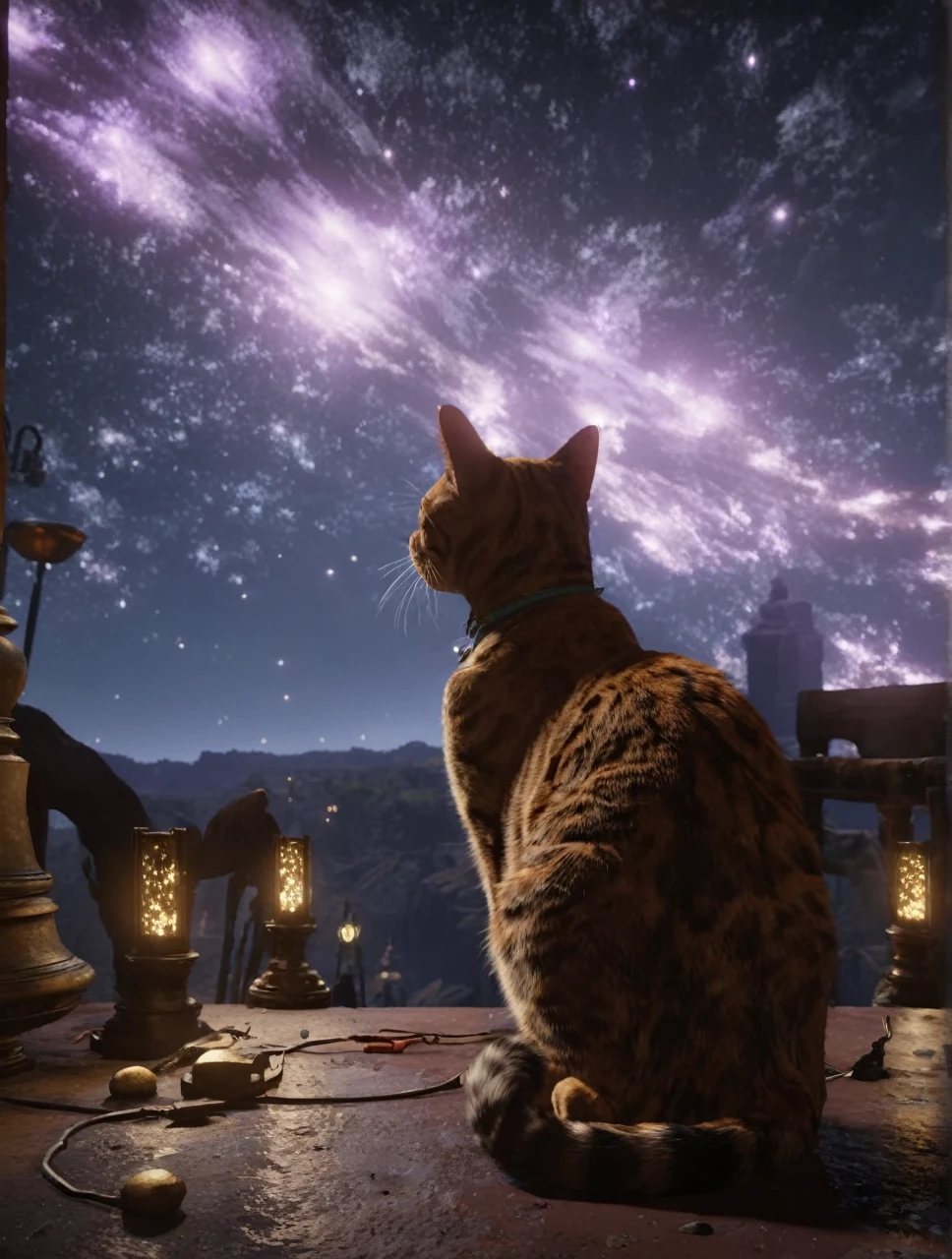 starscourgexl cat,scenery with glowing falling electricity stars in the background,awardwinning,masterpiece,((realistic)),128k UHD,octane render,sharp focus,trending on artstation,raw photograpy, ((no humans))