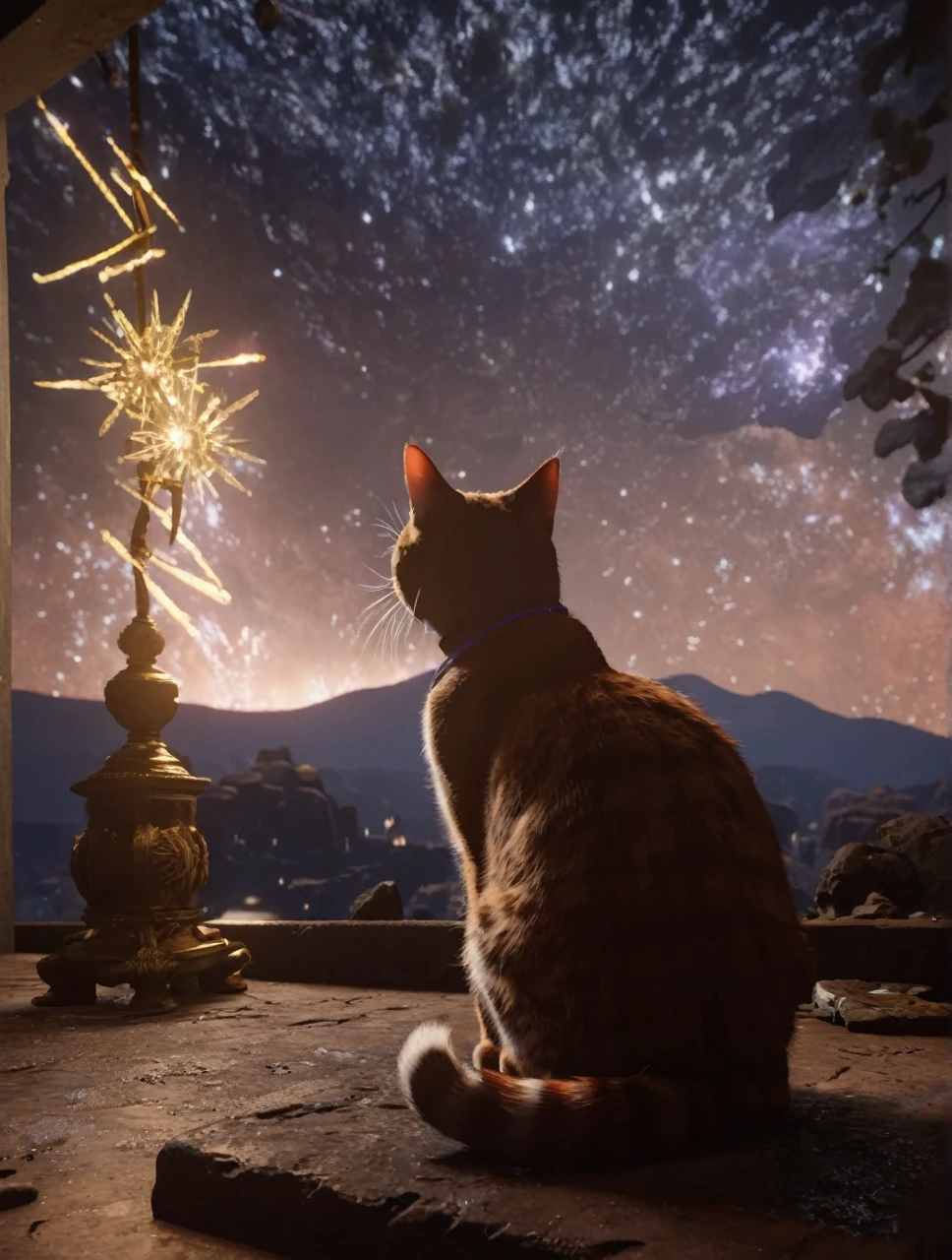 starscourgexl cat,scenery with glowing falling electricity stars in the background,awardwinning,masterpiece,((realistic)),128k UHD,octane render,sharp focus,trending on artstation,raw photograpy, ((no humans))