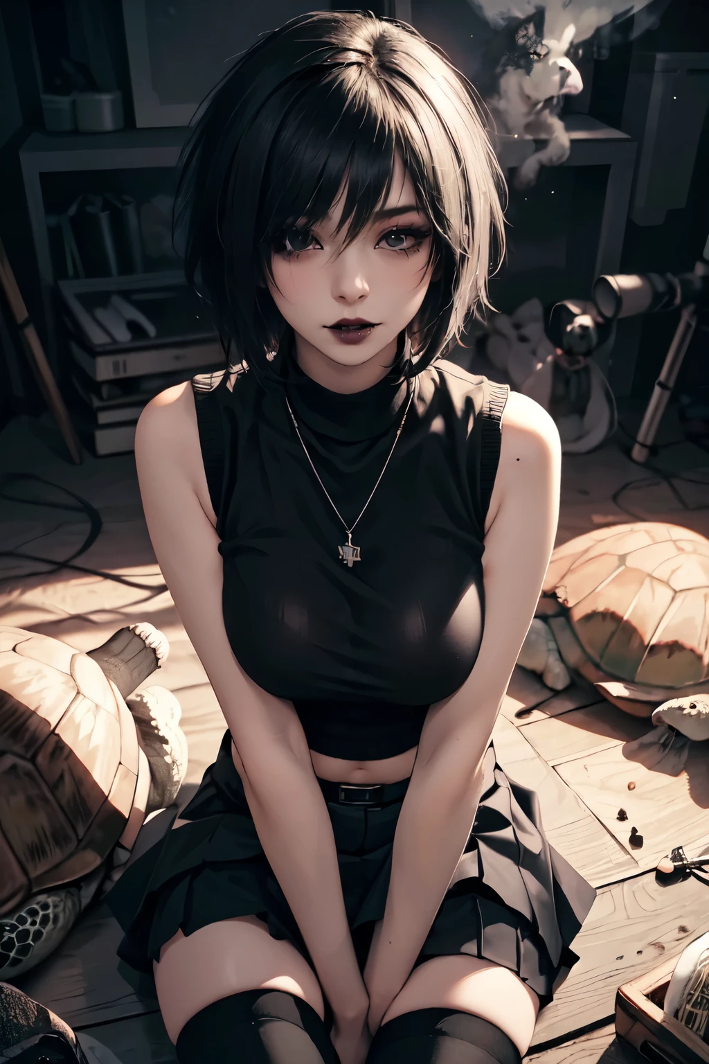 Girl, woman, emo_hairstyle, black lipstick, dog collar, eyeliner, eye shadow, smoky eyes, realistic lighting, short hair, turtle-neck shirt, sweater shirt, short skirt, thighhighs, sleeveless, hand between legs, big breast.
