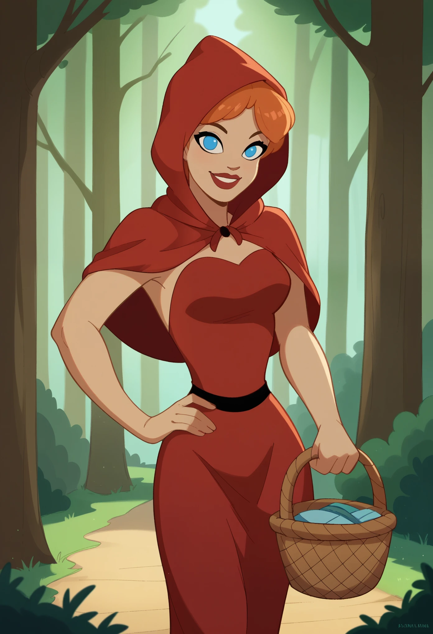 RHRH, basket,red hood, 1girl, solo, blue eyes, red dress, smile, standingscore_9, score_8_up, score_7_up, score_6_up, score_5_up, score_4_up, looking at viewer, hand on own hip, cowboy shot,outdoors, tree, forest,holding,