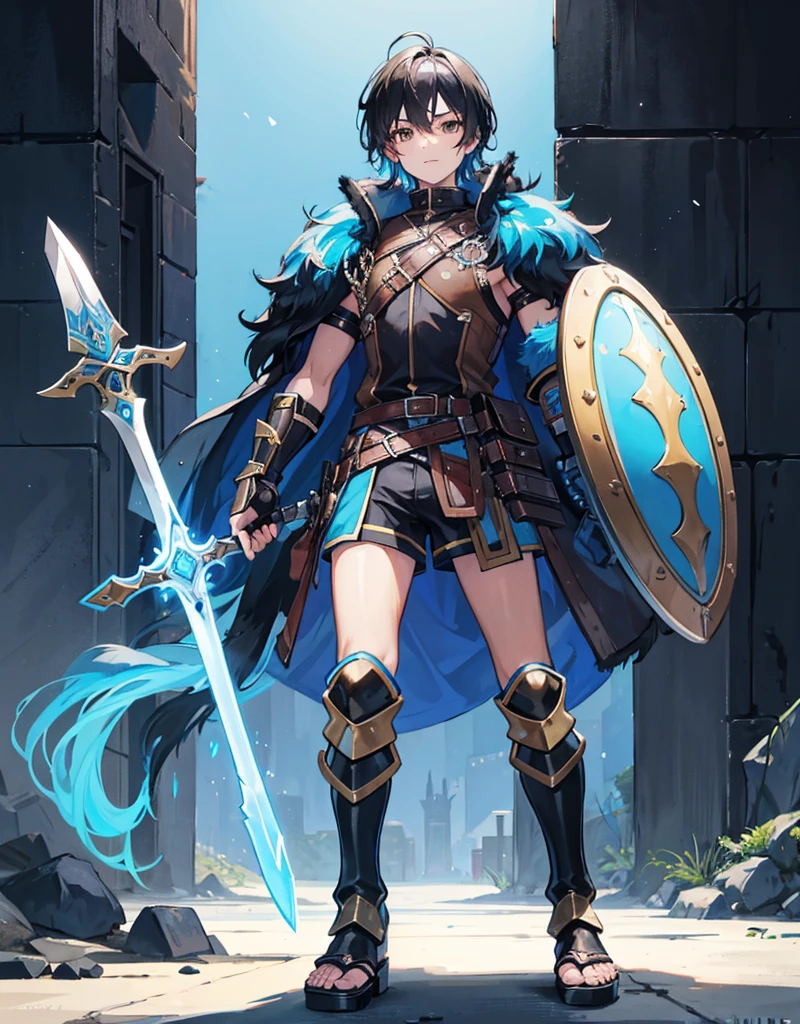 Young boy with black hair, brown eyes and fair skin, innocent and happy, wearing neon blue barbarian fur tunic, black shorts, gauntlets and sandals, weilding sword and shield, blue armor, fullbody, medieval background, boyish athletic