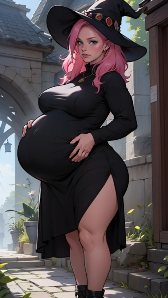 older woman in her 30s, with pink hair and a tall, curvy body, breasts big, in this, (work of art, best qualityer:1.2) wearing the legendary great black dress of the mystical sorceress, Big witch hat, pregnant, standing alone, alone, pink massive hair