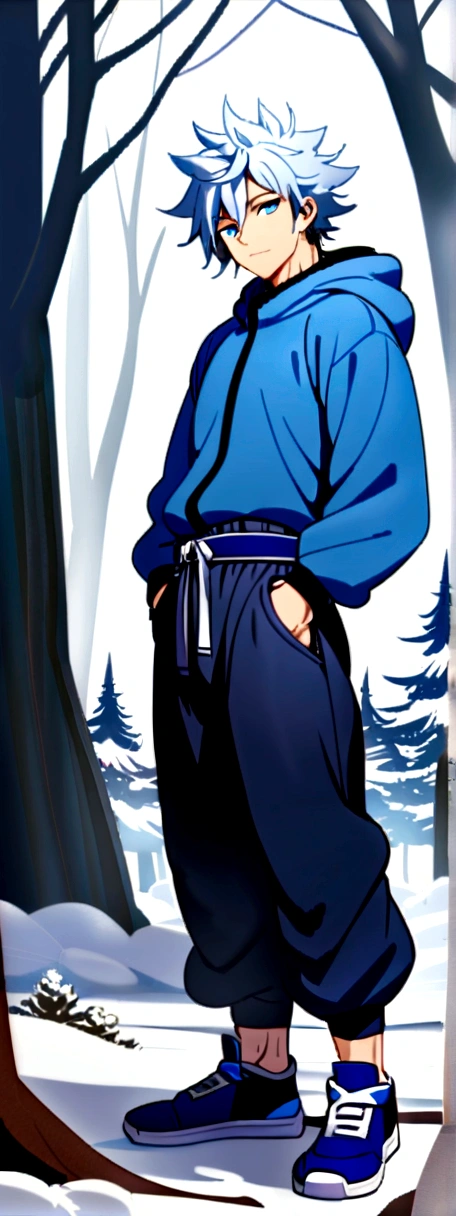 1 man, mid 20s, handsome, hot, muscular, (Spiky, thick and messy hair),(Silver blue ombre hair), (Blue eyes), Blue jacket with fluffy hood, blue belt, martial arts pants, blue sneakers), snowy forest, (hands in pockets, slight smile), 8k, masterpiece