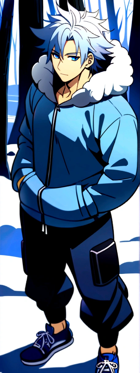 1 man, mid 20s, handsome, hot, muscular, (Spiky, thick and messy hair),(Silver blue ombre hair), (Blue eyes), Blue jacket with fluffy hood, blue belt, martial arts pants, blue sneakers), snowy forest, (hands in pockets, slight smile), 8k, masterpiece