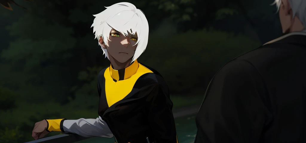 is talking, there are two cute young men of 18 years old, white hair and yellow eyes, they are talking, worried, thoughtful.
