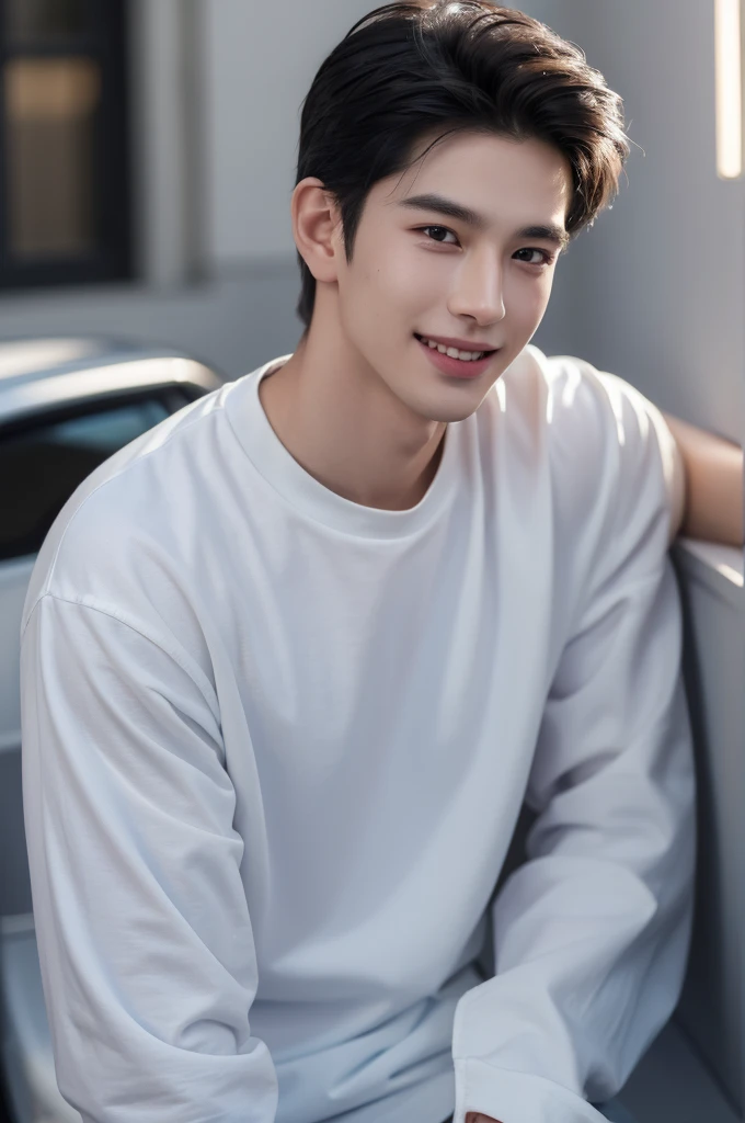 ((highest quality, 8K, masterpiece: 1.3)), New York City、Handsome boy in street fashion:1.5, 28-year-old、Delinquent boy、 well-groomed face, black hair、thin face、(white skin:1.5)、close up shot、black eyes、boy sad、Super handsome、sexy eyes、Extra-fine face, handsome nose, small eyes and face, beautiful lighting, High resolution, detailed mouth, laughing out loud, Laughter、Delighted、whole body: 1.5, perfect body shape、super slim,medium hair、STUSSY clothes、Oversized clothes、same clothes