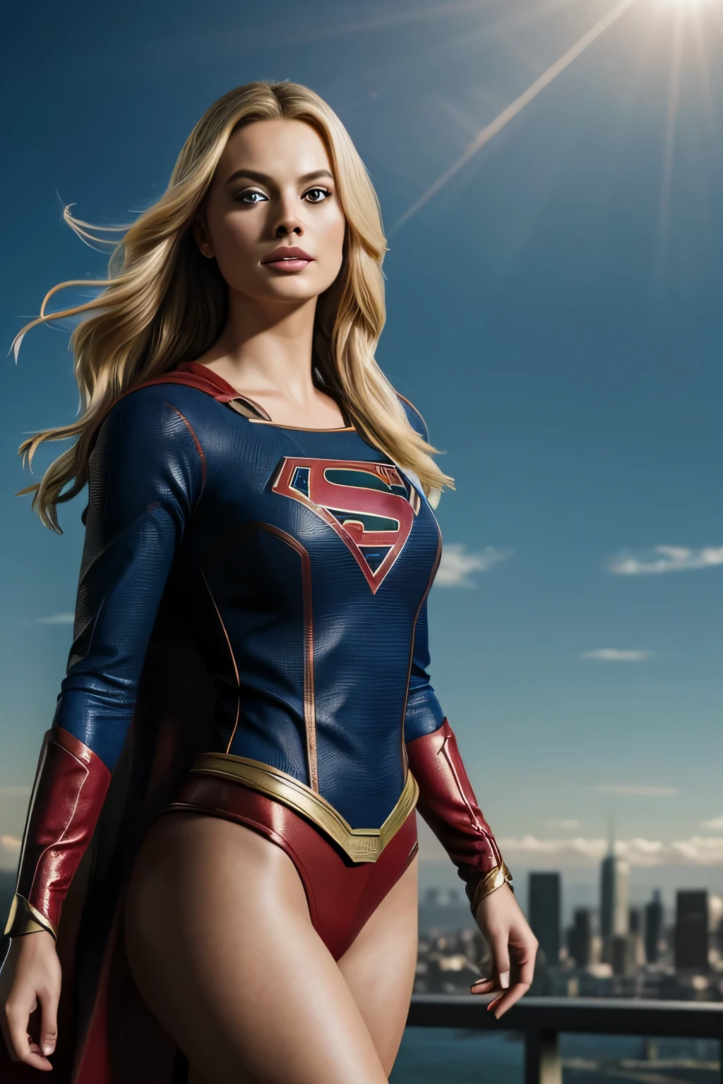 The character Supergirl with extremely long blonde hair, extremely bright blue eyes, similar to Margot Robbie, perfect costume, heading towards the sky, heroic pose, face in extremely detaild and high qualiy 4K, facing the camera, perfect lighting on your face, 4K, photorrealistic, work of art, high qualiy, extremely detaild, cinematic lighting, dramatic pose, chic, sensuous, center the image, Visual effects, sound effects, incredibly detailed and complex, Hyper maximalist, chic, hyperrealisti, super verbose, Woman posing for photo, portraite, classy and chic photo