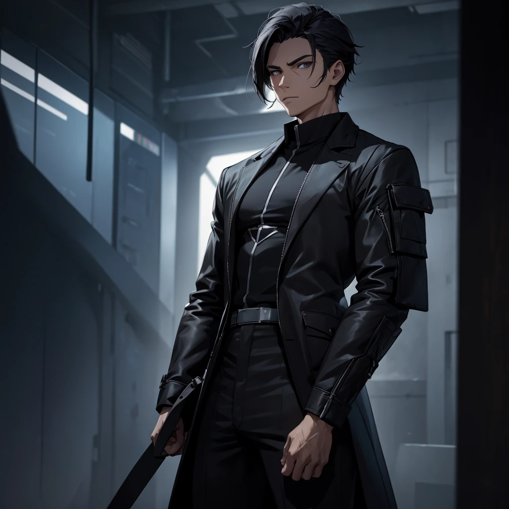 male character. in black clothes. in a futuristic setting. strong.