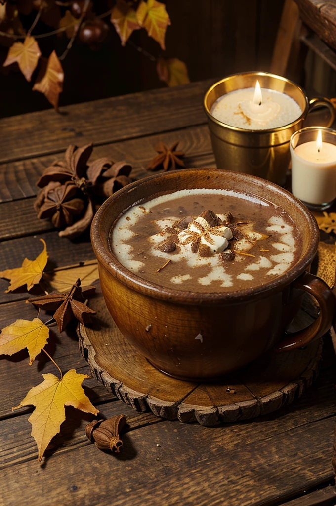 Create an image featuring a blue cup of hot chocolate surrounded by golden autumn leaves and acorns, with a hint of cinnamon and star anise on a rustic wooden table to convey a cozy autumn atmosphere.