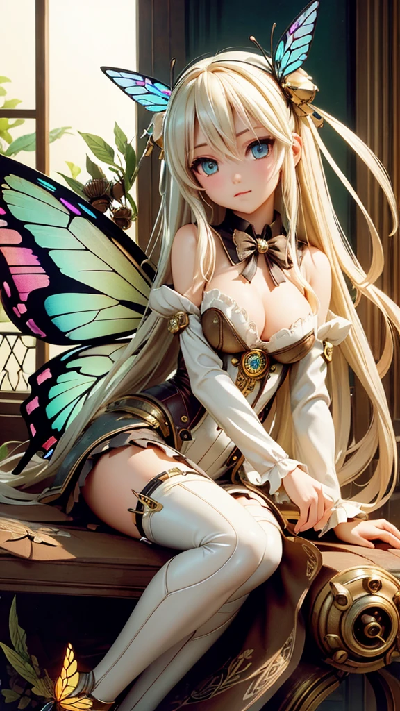 (highest quallity:1.3)。Steampunk。Mechanical fairy。long platinum blonde hair。Beautiful butterfly wings。