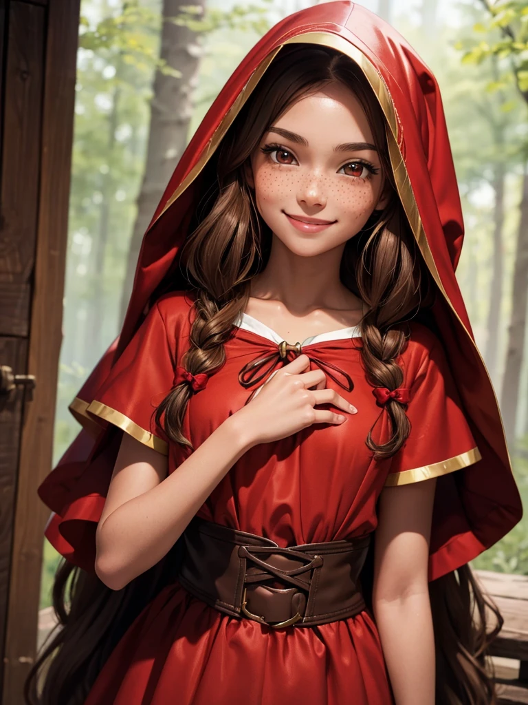 (best quality), 1girl, female, honey toned skin, chestnut hair, long hair, slightly wavy hair, brown eyes, perfect eyes, freckles, (little red riding hood), , slender, small bust, smile, masterpiece, anatomically correct, highres
