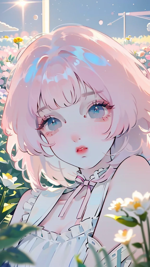 (high quality) (best quality) (a woman) (correct physiognomy) Woman, pink hair with bangs on her forehead, Bunny ears on her head, blue eyes, tender lips, middle age, a cute white dress style lolita, lighting of the photo: sunlight, It is in the middle of a field of flowers, Body proportion from head to torso