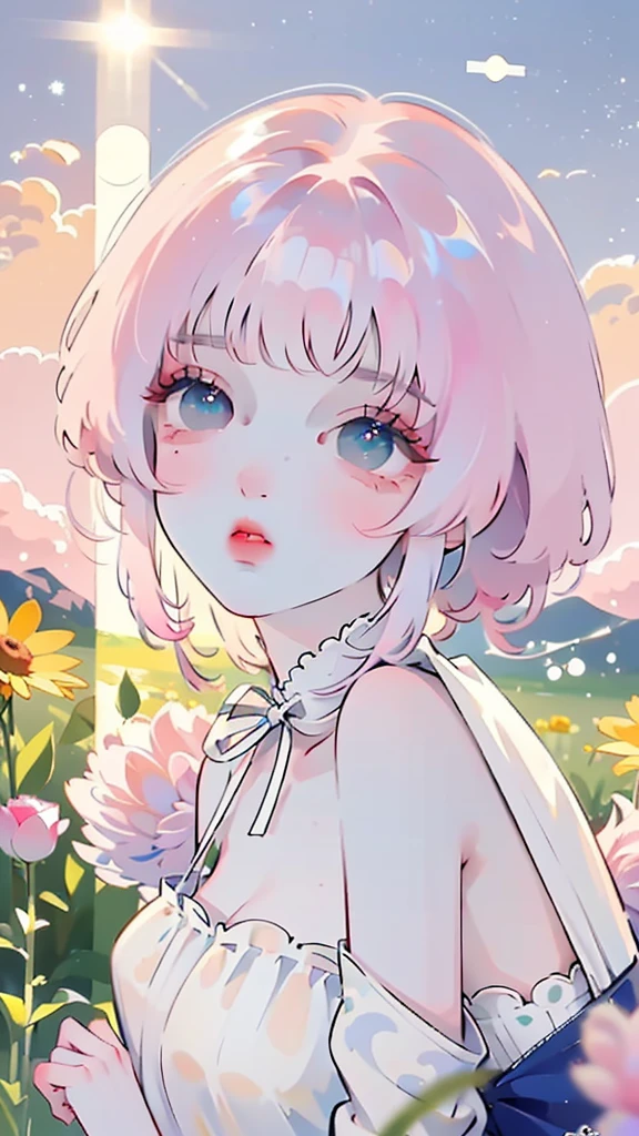 (high quality) (best quality) (a woman) (correct physiognomy) Woman, pink hair with bangs on her forehead, Bunny ears on her head, blue eyes, tender lips, middle age, a cute white dress style lolita, lighting of the photo: sunlight, It is in the middle of a field of flowers, Body proportion from head to torso
