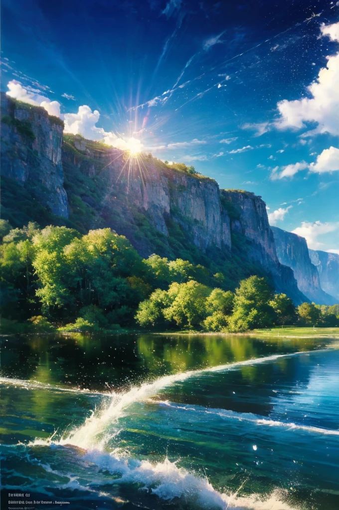 (logo、amazing、8K、table top、Raw photo、amazing、最high quality、フォトリアリスティックかつvery detailed、CG、high quality、very detailed、story poem、Particle Effects、Dynamic Effects、Text Boundary Depth、Cinematic Light、Lens flare、ray tracing、tabletop、real、ultra hd、fantasy)、beautiful water、splash of water、flow of water、Water swell、fantastic beauty、透き通ったgreenい水の美しさと輝き、The tranquility and beauty of water、wonderfulWind景、Beautiful natural water、green、Wind、wonder、wonderful