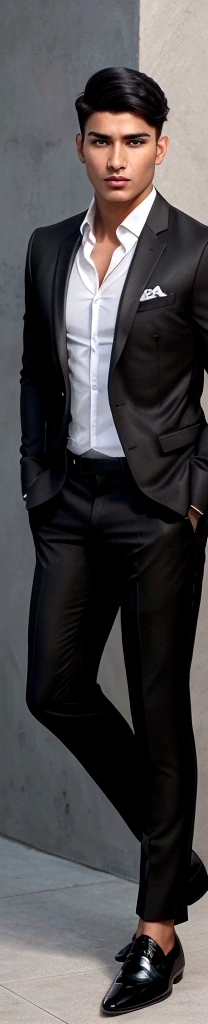Create an 22 years old master piece handsome boy, with a realistce face and body, stylish short hair cut with a black colour, strong muscle and fitness body, realistic photo,rew image, wearing a suit or business trousers and business shoes, full body image , wakeing styli pose, hayper detailed pictures , Indian boy look