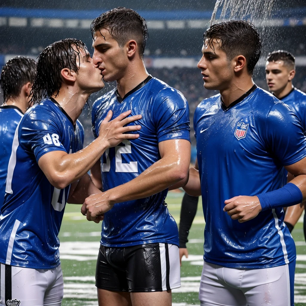 soaked twenty year old men wearing wet football jerseys with soaked hair wearing soaked uniforms. several men in soaked jereseys pour buckets of water over them. Wet shirts. Wetlook. Sensual. Kissing. Homosexual. Wet clothes. Wetlook. 