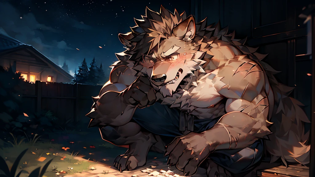 57 
A hairy werewolf abandoned on the side of the road at night, muscular, athletic, sentimental, delicate features, bright colors, anime style, realistic, 8k, super detailed, representative, with scars and features. Bright eyes and teeth, tall and handsome, beautiful hair, special color. Tearful, unwilling, ragged, unhappy; Frustrated, crouched on the ground, weeping，sit on the ground, hold your legs. crying, Anime Style，The light is not bright, dirty，Sad to the extreme