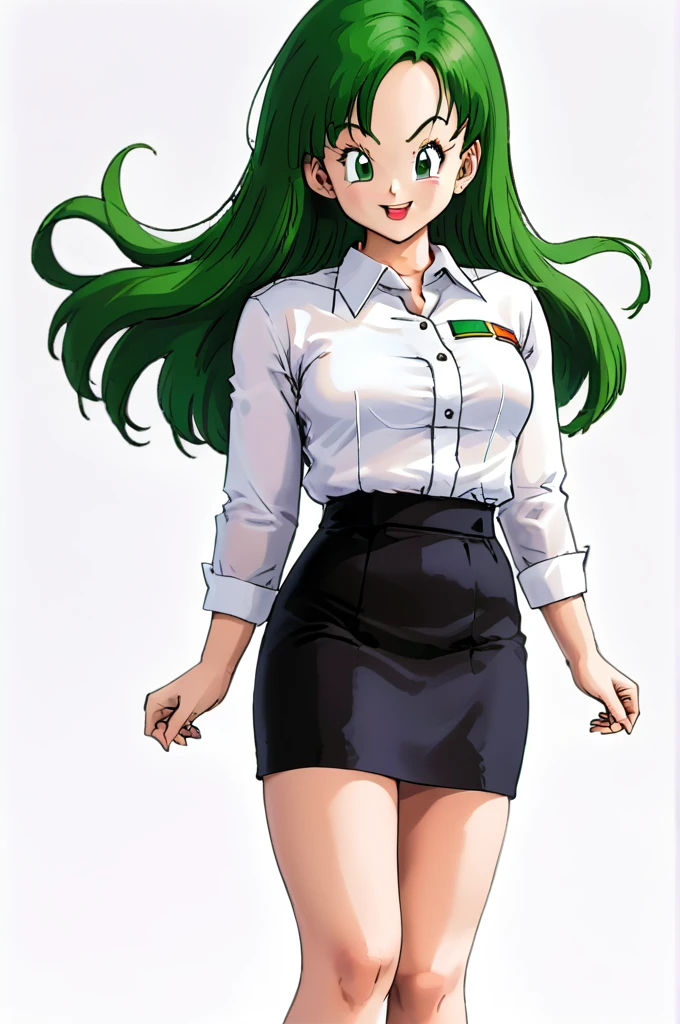 ((Masterpiece, Best Quality)), (BULMA), (Alone), (Feminine focus), (He drowned, , very long hair)light smile, Open mouth, ((White shirt), (Buttoned shirt), (space between buttons)), ((black skirt), (Short skirt)), standing, White background, arms on hips, dynamic angle,