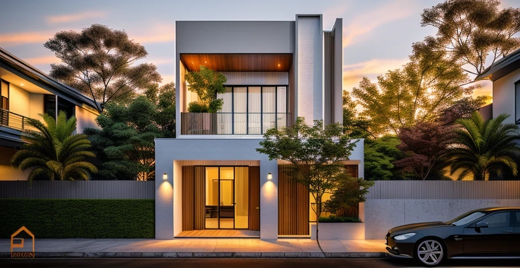 a modern house exterior, sunset, detailed architecture, detailed landscaping, lush vegetation, beautiful clouds, dramatic lighting, highly detailed, (best quality,4k,8k,highres,masterpiece:1.2),ultra-detailed,(realistic,photorealistic,photo-realistic:1.37),HDR,UHD,studio lighting,ultra-fine painting,sharp focus,physically-based rendering,extreme detail description,professional,vivid colors,bokeh