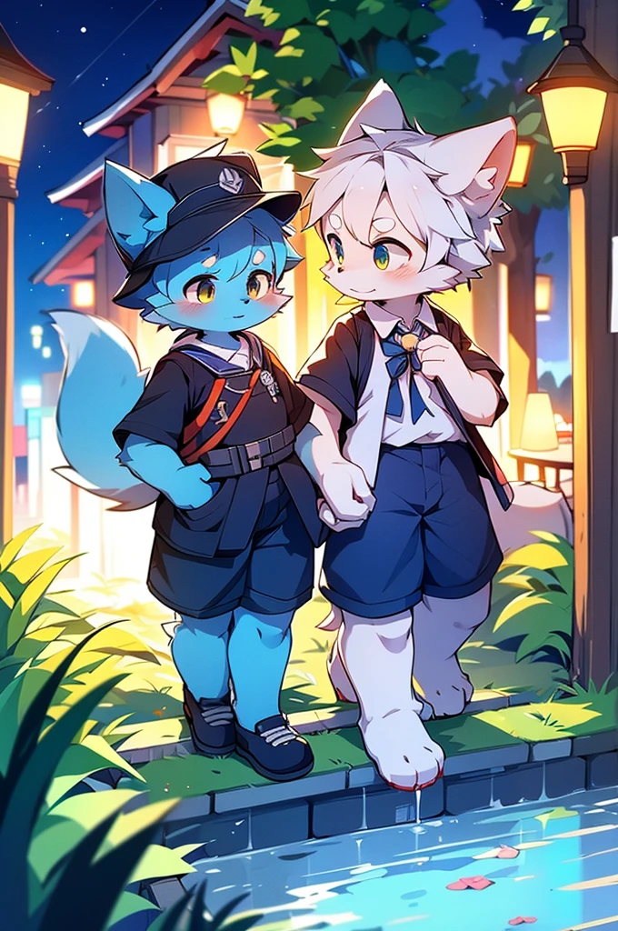 Blue fur, Canine, fox motif, Couple of girls and boys, uniform、Hand in hand,One boy,One Girl,night,