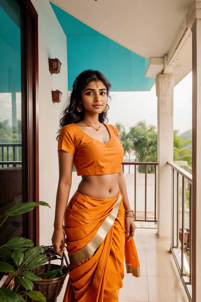 A cute and sweet beautiful Indian girl stand in balcony with mobile 