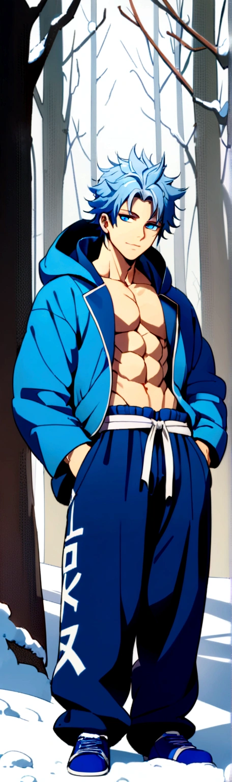 1 man, mid 20s, handsome, hot, muscular, (Spiky, thick and messy hair),(Silver blue ombre hair), (Blue eyes), Blue jacket with fluffy hood, blue belt, martial arts pants, blue sneakers), snowy forest, (hands in pockets, slight smile), 8k, masterpiece