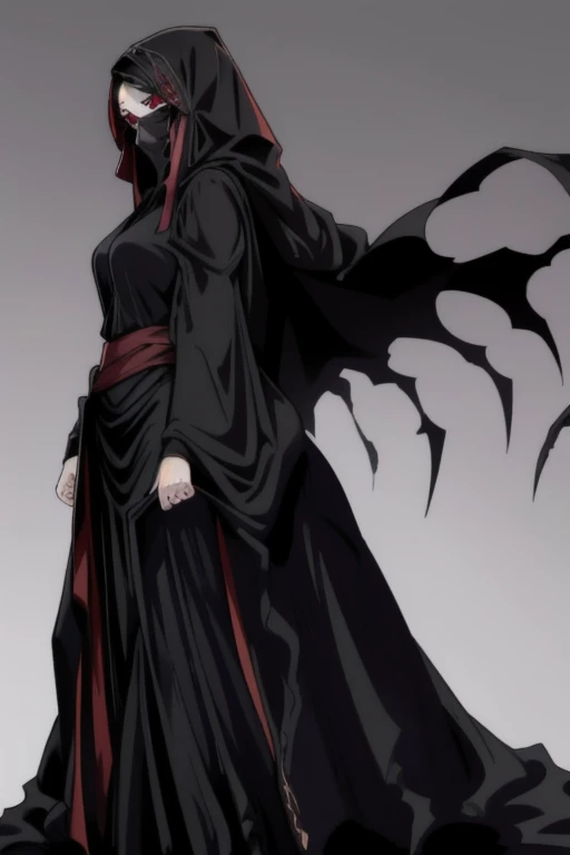 black cloak, black cape, long robe, long skirt, mask, overly long skirt, 1girl, solo, red eyes, solo, girl1, bed, bedroom, on side, dutch angles
