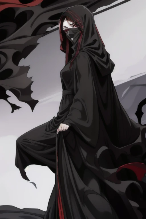black cloak, black cape, long robe, long skirt, mask, overly long skirt, 1girl, solo, red eyes, solo, girl1, bed, bedroom, on side, dutch angles