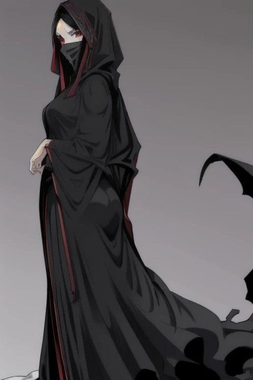 black cloak, black cape, long robe, long skirt, mask, overly long skirt, 1girl, solo, red eyes, solo, girl1, bed, bedroom, on side, dutch angles 