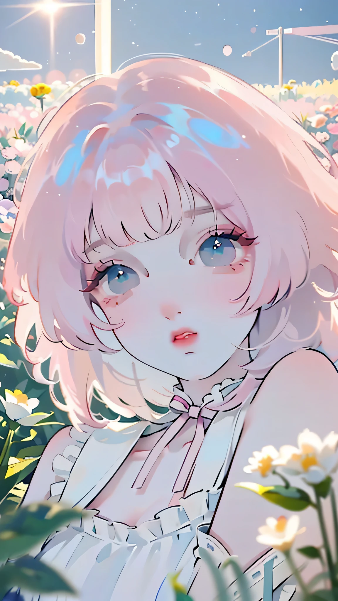 (high quality) (best quality) (a woman) (correct physiognomy) Woman, pink hair with bangs on her forehead, Bunny ears on her head, blue eyes, tender lips, middle age, a cute white dress style lolita, lighting of the photo: sunlight, It is in the middle of a field of flowers, Body proportion from head to torso