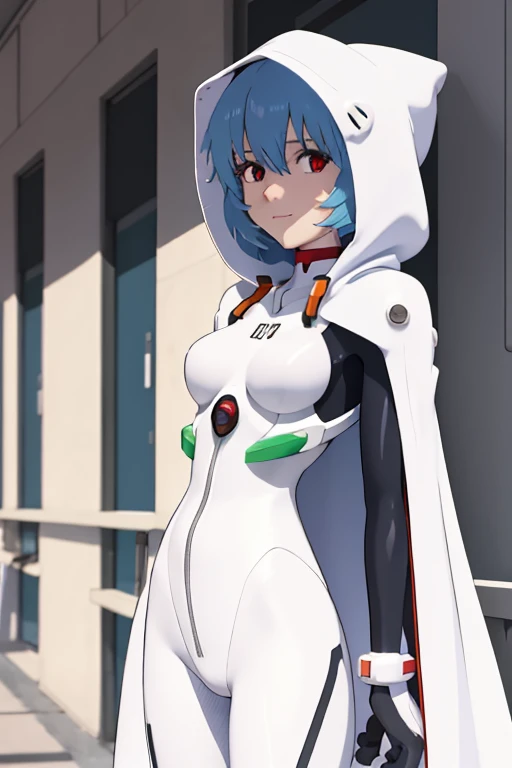 masterpiece, best quality, 1girl, ayanamirei, plugsuit, interface headset, looking at viewer, light smile, city park, upper body, arms_behind_back, hooded white cloak, cape