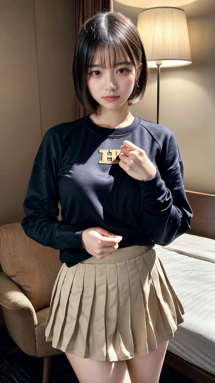 (8K, RAW Photos, Highest quality, masterpiece:1.3), (professional photography, full colors, studio-caliber color grading), (Gravure quality for high-end fashion magazines), close up, BREAK, 20 year old girl,(short bob hair:1.1), crying a little, Harajuku style, Big Natural Color Lip, (Plumpy body:1.2), (smooth skin:1.1 (huge breasts:1.2 (expresses the roundness and softness of the chest area..1.1 (Emphasize body line:1.1  BREAK (Highly detailed and elegant applique cotton jersey sweatshirt made of cotton jersey。, Pleated skirt, Features a relaxed and relaxed silhouette. BREAK (hotel room:1.2)