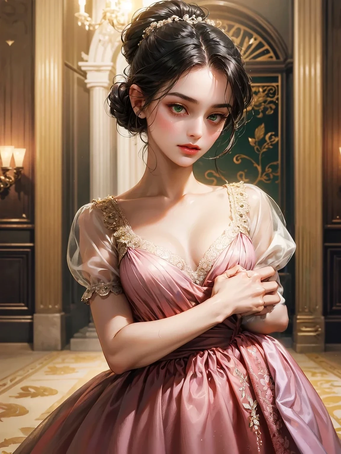 Repainting the arm. She has her arm down. She wears a pink vicorian dress. Background inside of a hall