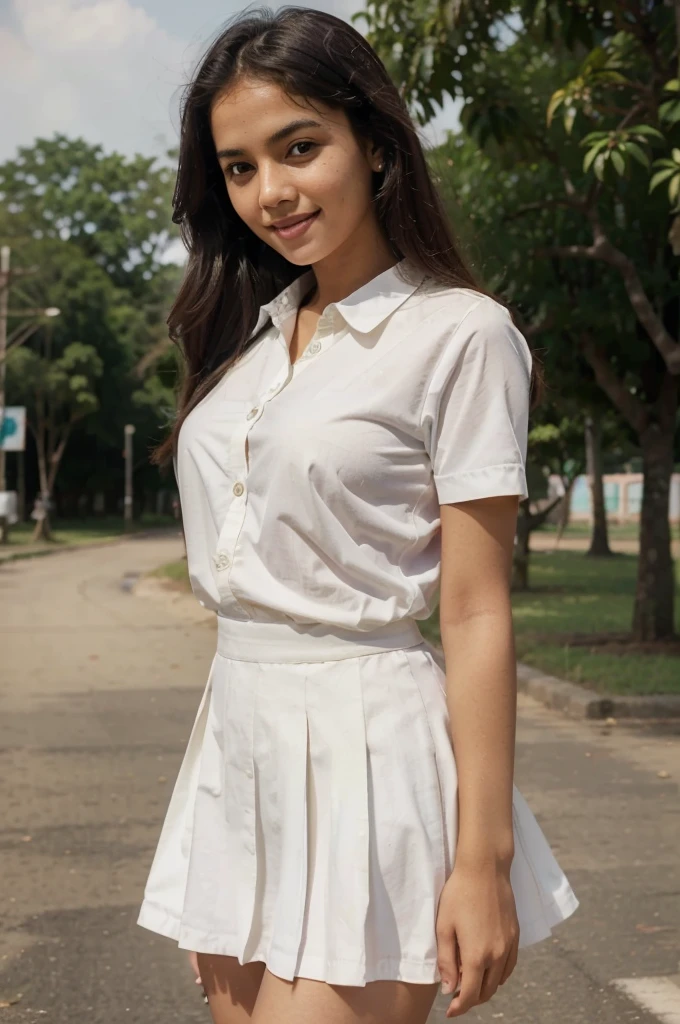 Generate an image of a young woman standing full body image . She should have long, wavy and long hair, and an innocent look with a light smile. The uniform should consist of of Sri Lankan government school , The background should depict a school setting with trees or a playground visible. The expression on her face should convey a gentle, innocent demeanor with a hint of a smile,masterpiece, best quality,Photography Film Print,not angle,1girl,light smile, full body, show legs.