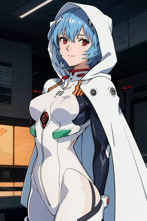 masterpiece, best quality, 1girl, ayanamirei, plugsuit, interface headset, looking at viewer, light smile, city park, upper body, arms_behind_back, hooded white cloak, cape