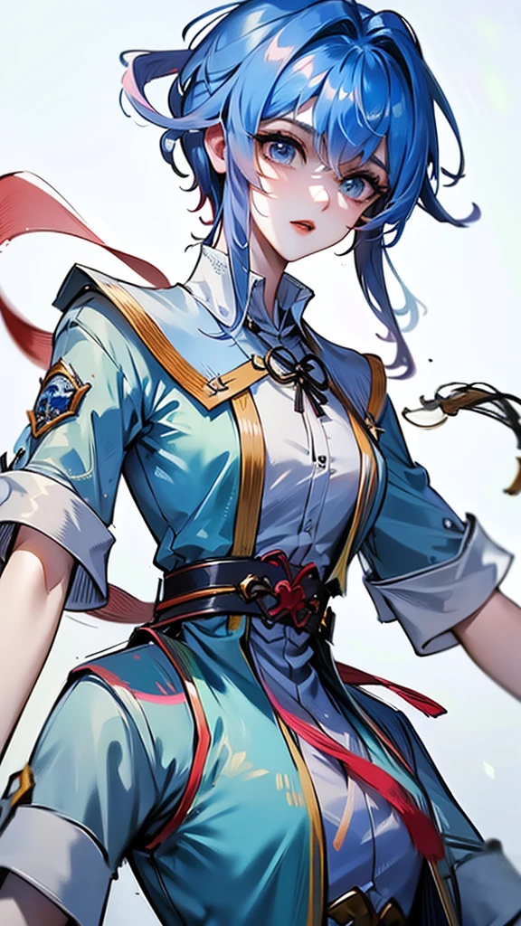 Masterpiece, Best quality, 1 Tang Wu Tong, the expression is cold, strong, blue eyes, short hair, wolfcut hairstyle, smoky mix blue color hair, resolute eyes, red lips, simple Taoist Taoist uniform, Chinese mix morden, frontal photo, black or white background, simple background, anime, illustration, hafl body, Chinese style short-sleeved shirt, cool girl
