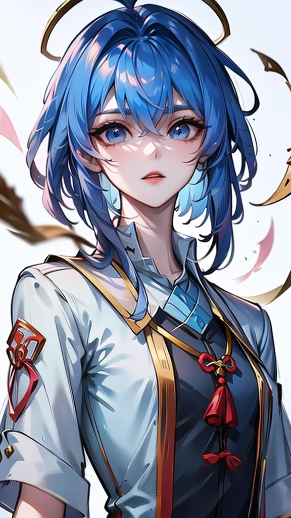 Masterpiece, Best quality, 1 Tang Wu Tong, the expression is cold, strong, blue eyes, short hair, wolfcut hairstyle, smoky mix blue color hair, resolute eyes, red lips, simple Taoist Taoist uniform, Chinese mix morden, frontal photo, black or white background, simple background, anime, illustration, hafl body, Chinese style short-sleeved shirt, cool girl