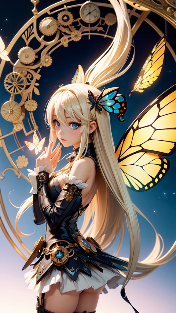(highest quallity:1.3)。Steampunk。Mechanical fairy。long platinum blonde hair。Beautiful BUBBLEBUT butterfly wings