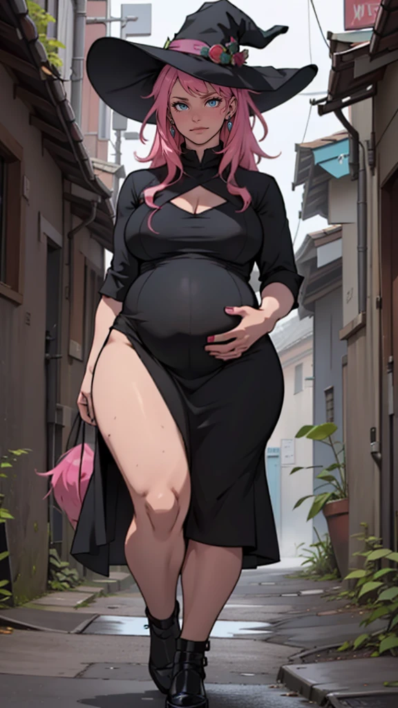 older woman in her 30s, with pink hair and a tall, curvy body, breasts big, in this, (work of art, best qualityer:1.2) wearing the legendary great black dress of the mystical sorceress, Big witch hat, pregnant, standing alone, alone, pink massive hair