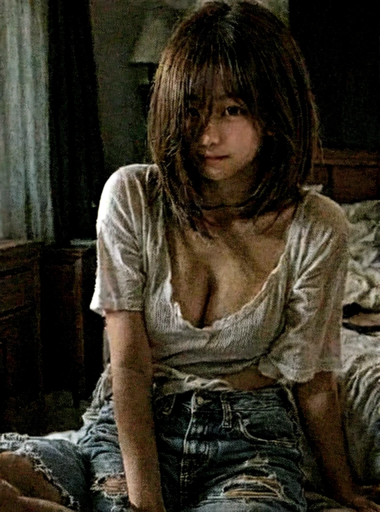 A beautiful Japanese girl with short hair, Caucasian features, sitting on a bed in her bedroom, wearing a white t-shirt and blue jeans, slender figure, C-cup breasts, university student, photorealistic, intricate details, warm lighting, cinematic composition, highly detailed