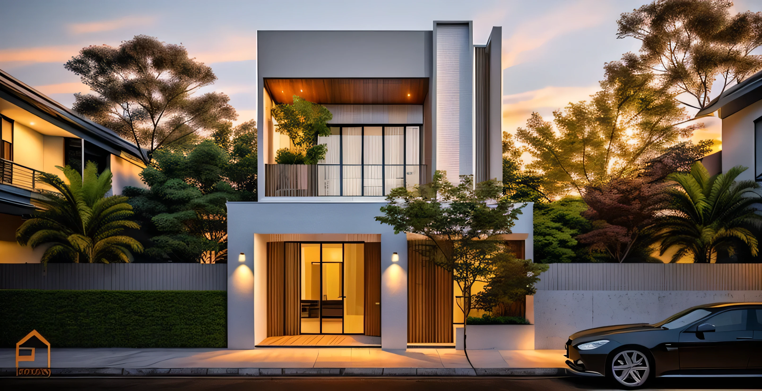 a modern house exterior, sunset, detailed architecture, detailed landscaping, lush vegetation, beautiful clouds, dramatic lighting, highly detailed, (best quality,4k,8k,highres,masterpiece:1.2),ultra-detailed,(realistic,photorealistic,photo-realistic:1.37),HDR,UHD,studio lighting,ultra-fine painting,sharp focus,physically-based rendering,extreme detail description,professional,vivid colors,bokeh