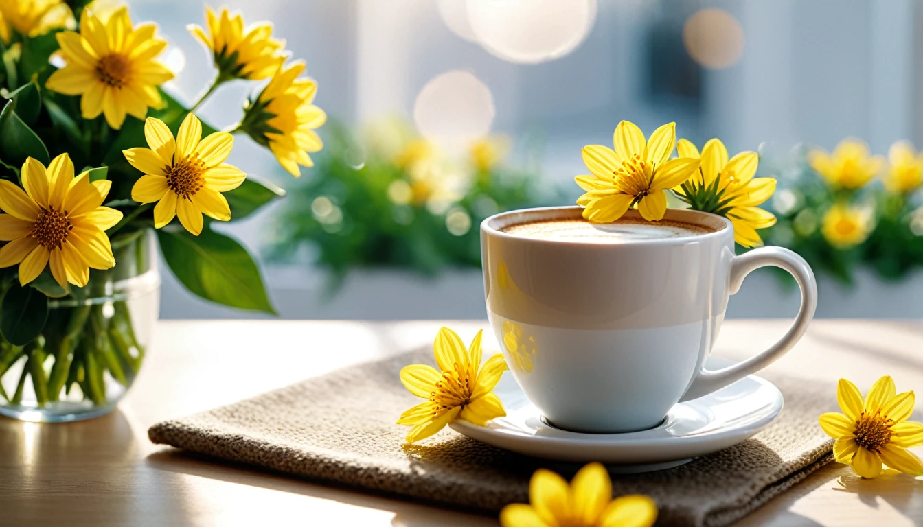 Best still life composition(best quality,4K,8K,High resolution,masterpiece:1.2),Super detailed,(Practical,photoPractical,photo-Practical:1.37),latté(clear focus、obvious)There is slight smoke in the white ceramic cup.Artist coffee impression.White sweater with clear texture,Wrinkles arranged randomly...Sophisticated and elegant.A bouquet of bright light yellow flowers laid flat from above(Lying flat on the table.From top to left.Make space on your desk)..Modern style cafe bokeh background.Super detailed.(Super quality,Super detailed,Ultra-complex,Extremely complex)Soft and natural light and shadow.Reverse fragrance.no humans.Ultra wide angle, (Detailed texture),Background covered with film grain, natural soft light,(Morning Scene.warm sunshine in the morning)Ray tracing, Vignette, Wide-angle lens, Ultra wide angle, best qualitycinematic lighting, Depth of Field, outer boundary, Negative space, Letterbox header image