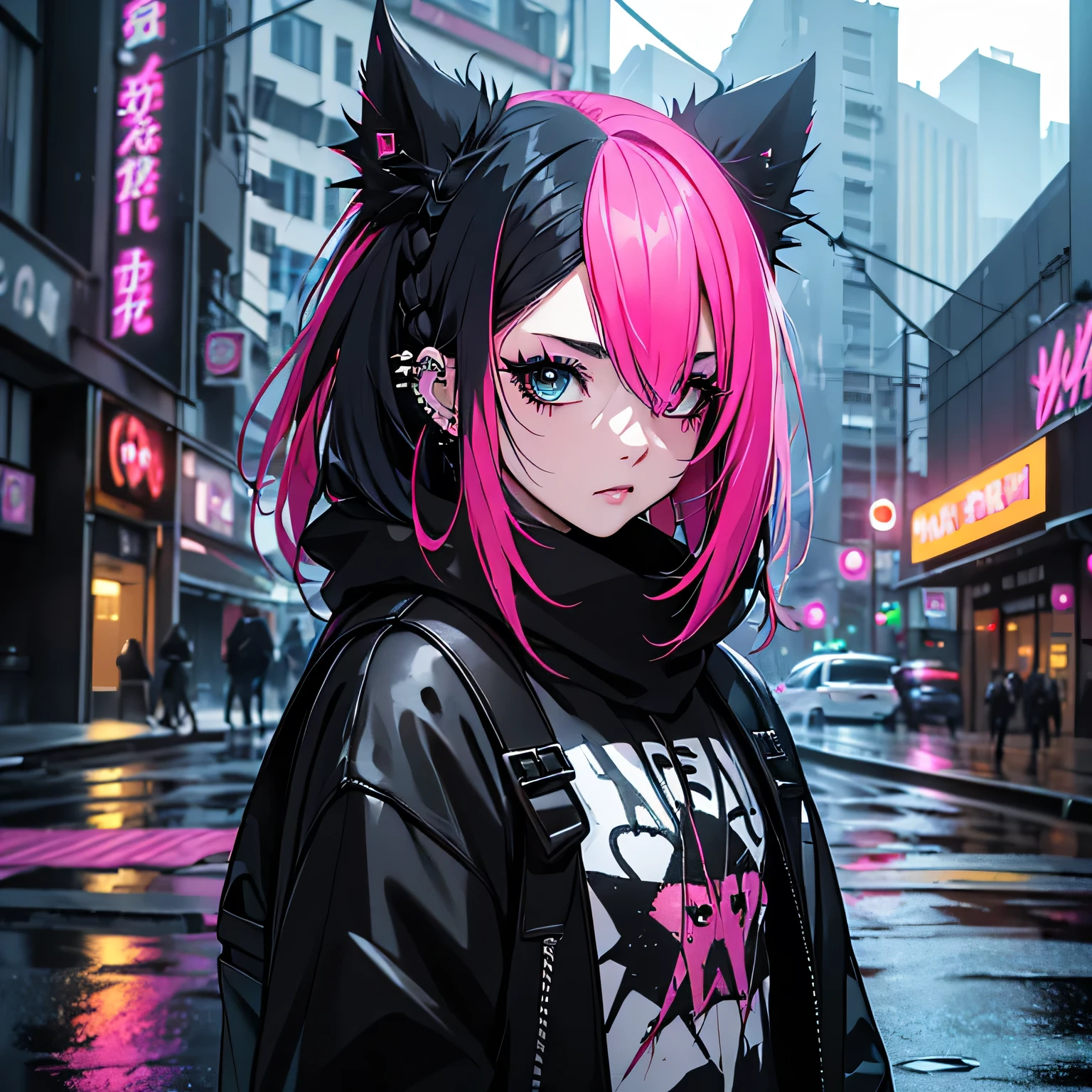 (highest quallity、8K、32k、work of art、nffsw:1.3)、(Photoreal:1.4),(shoot head on,gazing at viewer,1.5)、18 year old punk girl,eccentric punk hair,(Multiple facial piercings1.5)、((Black and shocking red punk fashion 1.5)),clothes with studs、He holds a crazy stuffed rabbit in his left hand.、large black backpack on the back、(one with black and bright pink hair.5),Crazy makeup、、darkness background、Desolate city in the rain、puddle on the road、(cinematic lighting)、Depth of written limits,nblurry background、