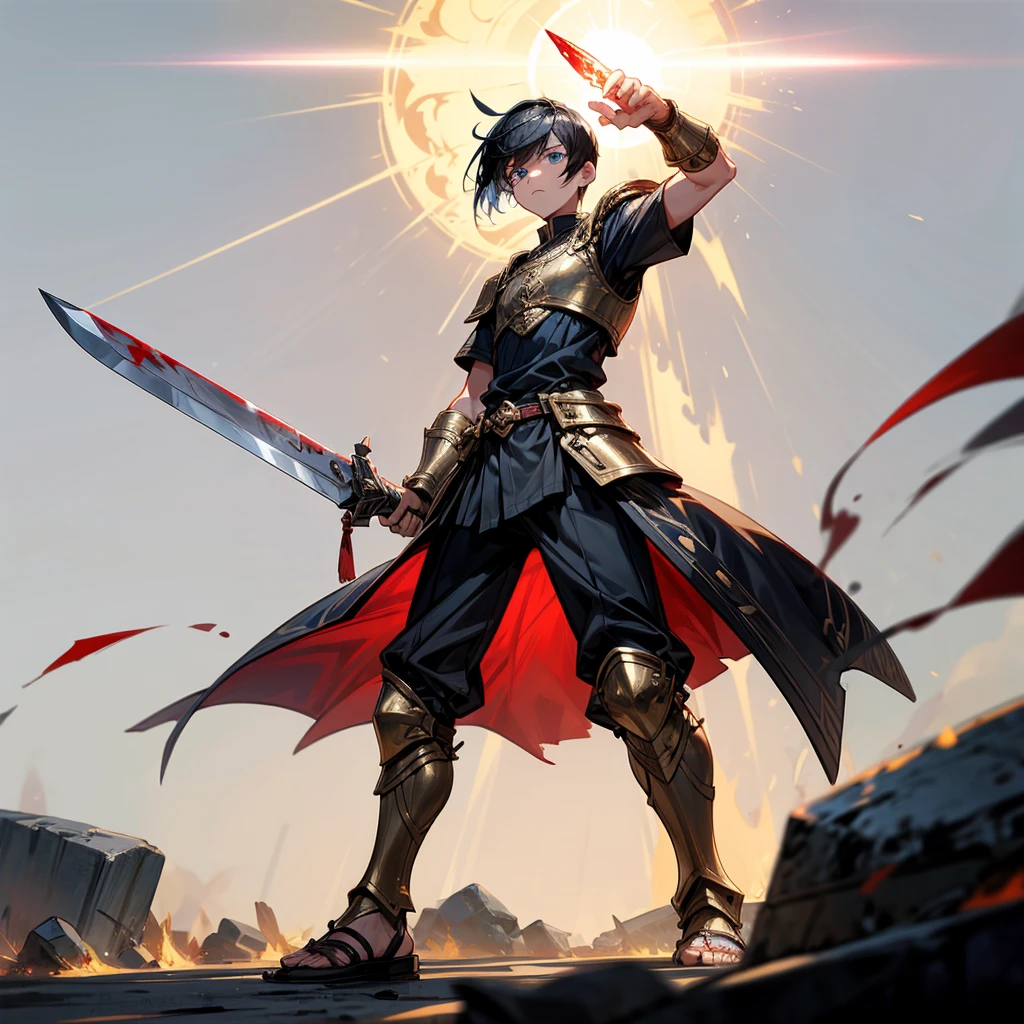 1boys, Full body version, blue eyes, undercut hair, black colour hair, very angry expression, gladiator clothing, short sleeve shirt, gladiator skirt, gold armor body, bodybelt, gladiator sandals, Spatha sword in hand, (war gesture), Grassroots background in war, smoke, silhouette of sunlight, glare of sunlight behind, blood on face, blood on armor, blood on hand, full of background light, fire, burning fire