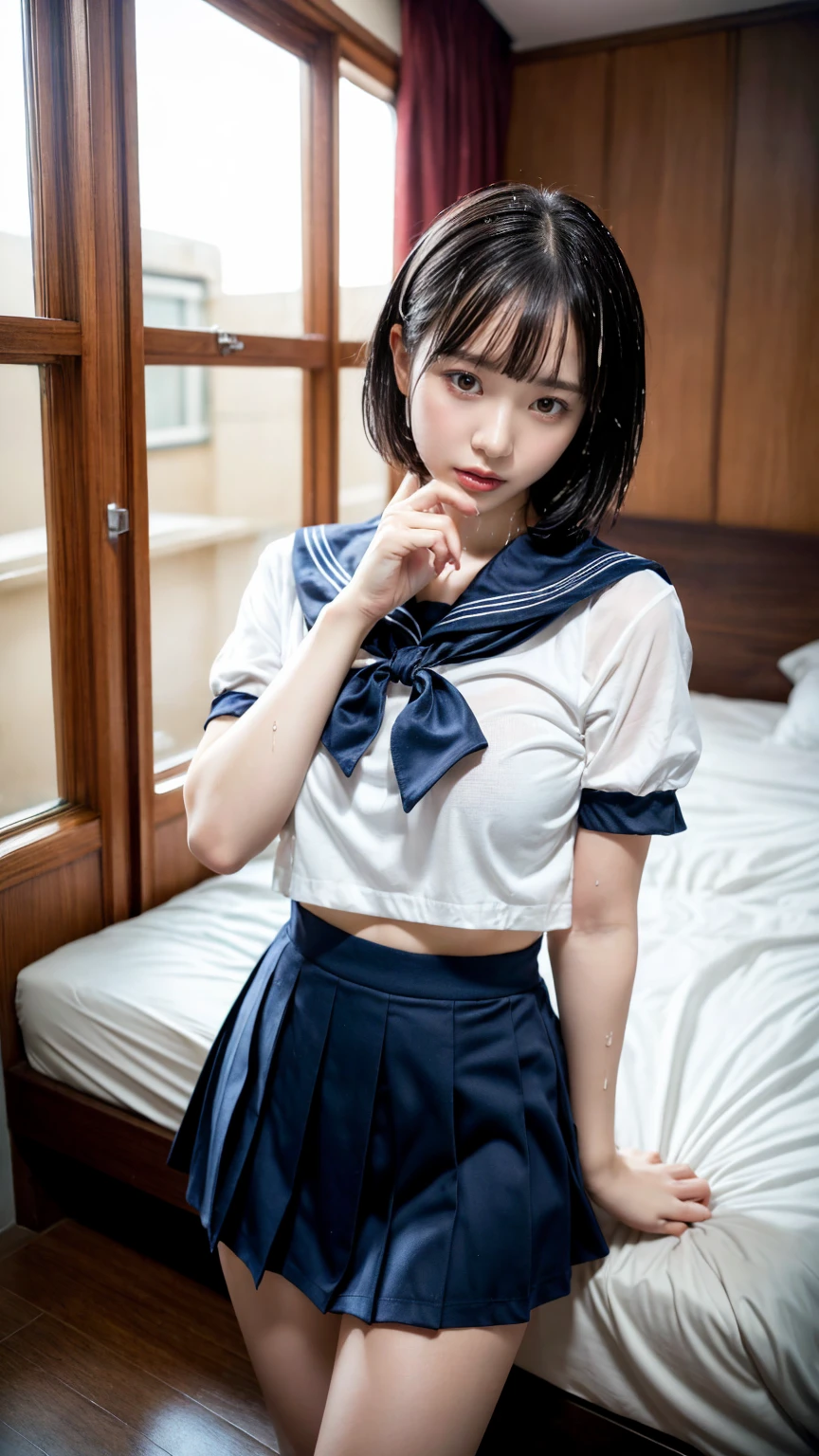 (8K, RAW Photos, Highest quality, masterpiece:1.3), (professional photography, full colors, studio-caliber color grading), (Gravure quality for high-end fashion magazines), sexy pose,(Details High quality, realistic depiction of eyes:1.3), (short bob hair), (Black Sailor Uniform, serafuku, Navy pleated skirt), (nup, see through, wet:1.2), huge breasts, black hair color, Big Natural Color Lip, bold sexy pose, crying a little、Harajuku style、20 year old girl、cute type、lolita、beautiful legs, in the hotel room, full body photo、focus on crotch, hposing Gravure Idol