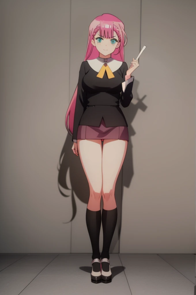 Masterpiece,best quality,8k Illustration,Kirisu Shinfuyu,Flowing hair,Smooth lines,The finest details,Actress,Medium shot,The best background,The brightest smile,Ultra Detailed,Best Illustration,The best shadow,Remodeled black and white nun uniform,White knee socks,Black shiny high heels,Tight-fitting upper body design,Highlight body curves,Exposing the legs,Short skirt,Looking at the audience,Put your hands behind your back,Large Breasts,The best costumes,The most beautiful proportion,The most realistic human body structure,girl,Solitary,Pink Hair,Turquoise blue eyes,Small pupils,There is no change in light and dark in the pupils。Waist-length cherry-colored hair,Flush bangs,The hair on both sides is braided,Tall and slender,Long legs,Balanced body