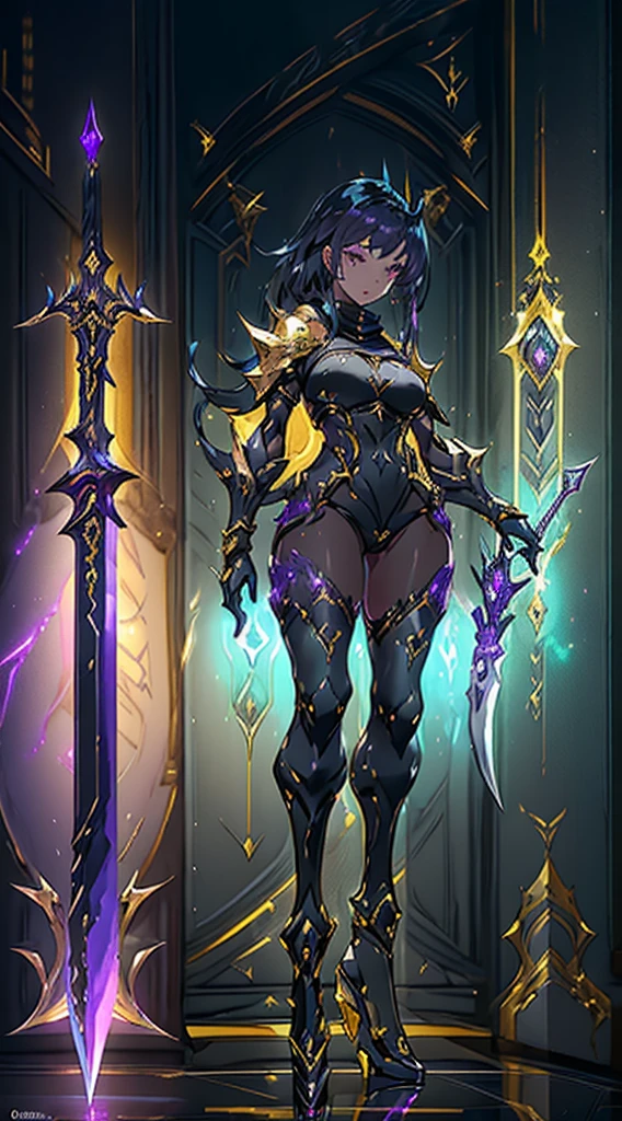 Design a layout showcase Gaming character, ((1girl)), assasin:1.4, Golden+Purple clothes, Black_Desert_style, stylish and unique, ((showcase weapon:1.4)), magic staff, (masterpiece:1.2), (best quality), 4k, ultra-detailed, (Step by step design, layout art:1.5), (luminous lighting, atmospheric lighting), Final Fantasy style, magican, ((glove full hands)), fran, viera, (((revealing clothes:1.3))), vambraces, armored legwear, (((full_body_shot:1.4))), Niji, back_view, T_pose