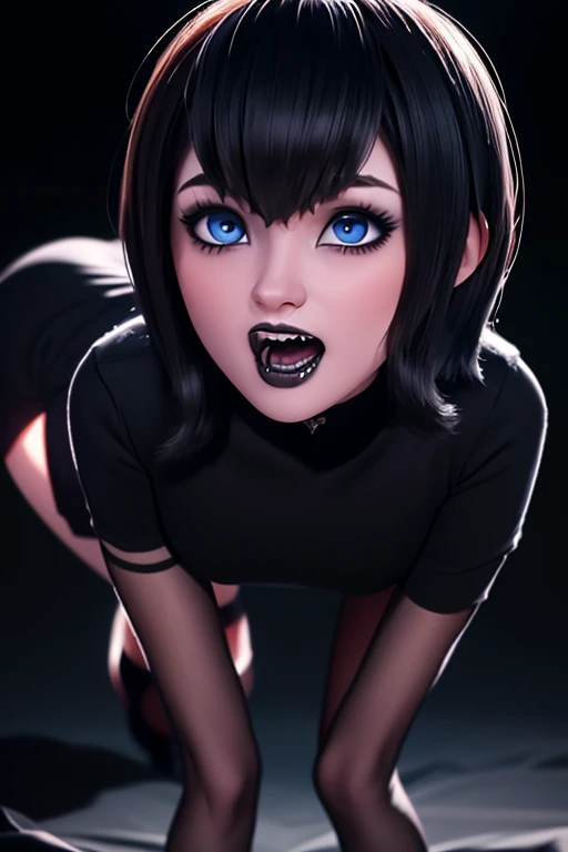 Masterpiece, Best Quality, gothic girl ,attacking the viewer, impresionantes teeth fangs, perfect detailed 12k, perfect asymmetrical and detailed face, blue eyes white skin ,gothic makeup, short black hair with bangs, full HD imagen 1.2 full body